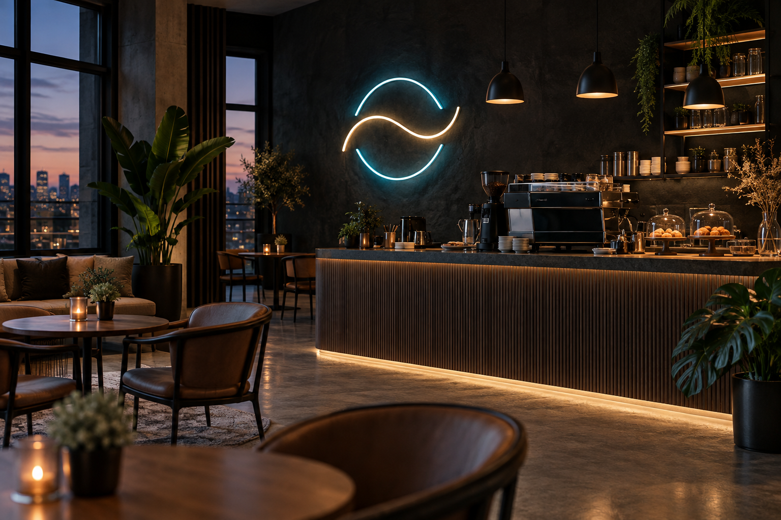Интерьер современной кофейни с абстрактной LED-подсветкой на стене