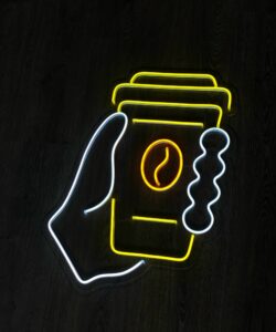 Неоновая вывеска «Рука с кофе навынос»
